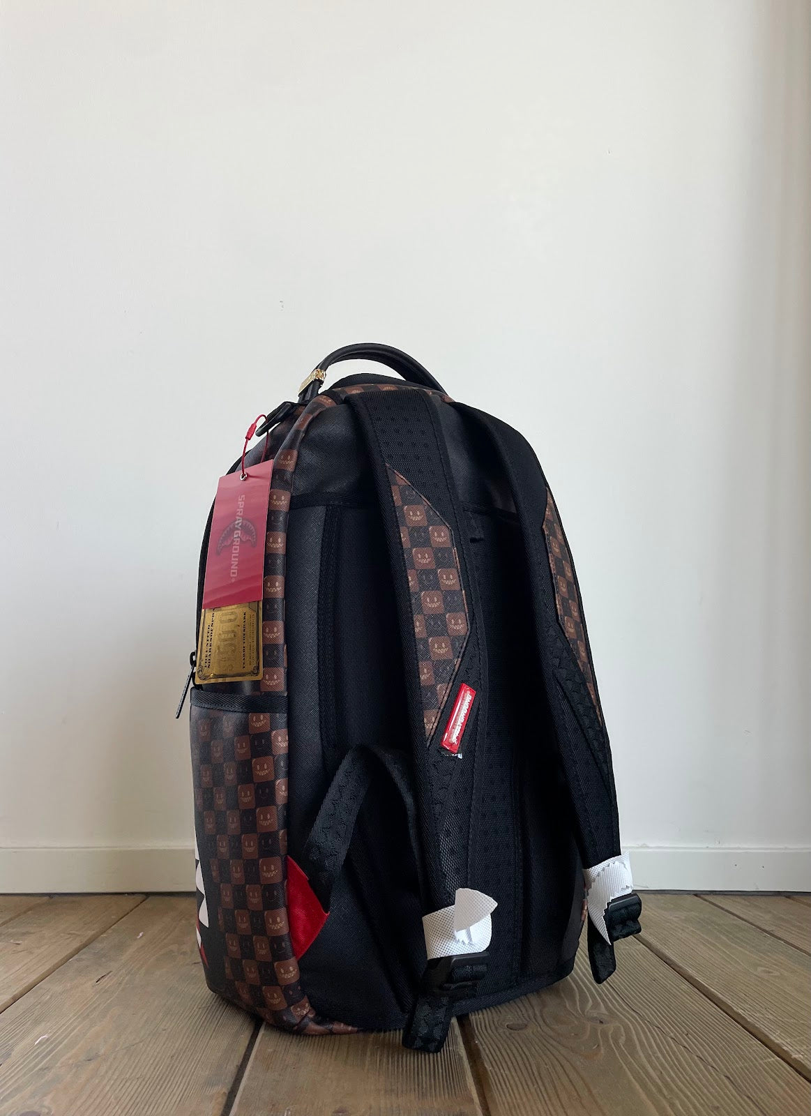 SHARKS IN PARIS WTF BUBBLE BROWN CHECK BACKPACK