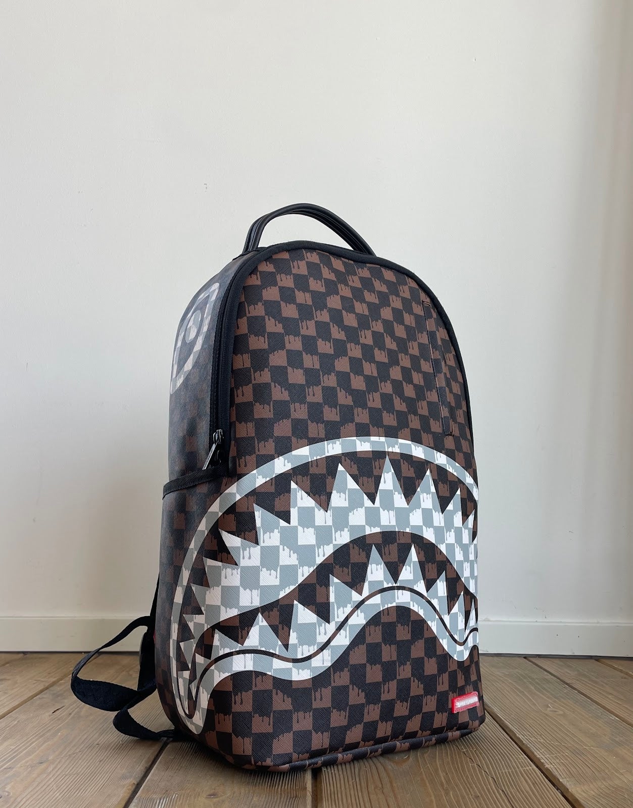 Brown and Cream Drip Check Shark Backpack