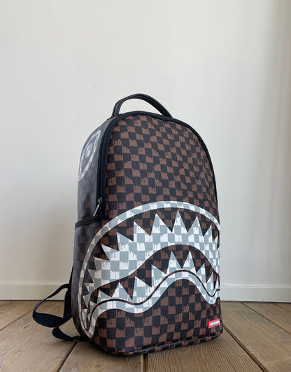 Brown and Cream Drip Check Shark Backpack
